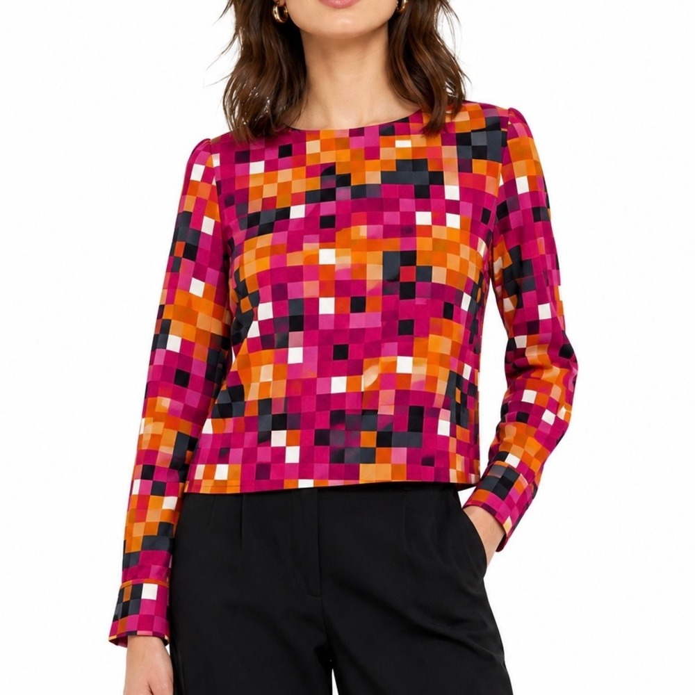 Marni Women Pink Orange Pixelated Geometric Print Viscose Blouse Italy 42